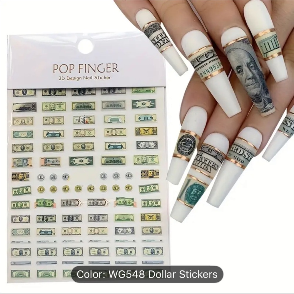 Dollar Bill 3D Nail Stickers - Green Accent